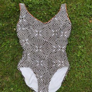 Chic Brown/White Patterned Swimsuit with Orange Piping Sz L 12